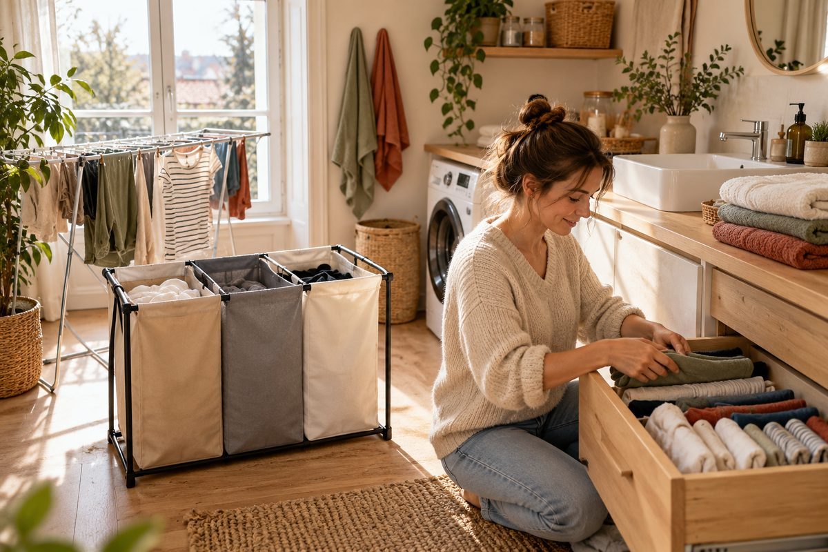 Panier à linge à trois compartiments et linge plié