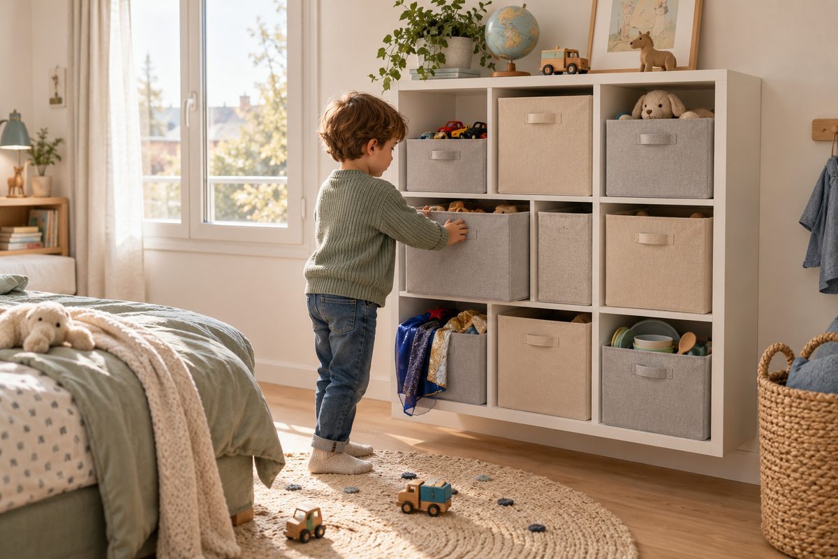 Meuble à cases fixé au mur avec bacs en tissu dans une chambre d'enfant