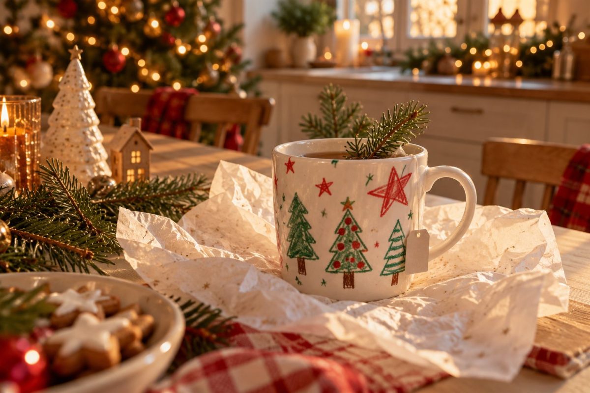 Mug blanc décoré au feutre par un enfant pour sa maîtresse