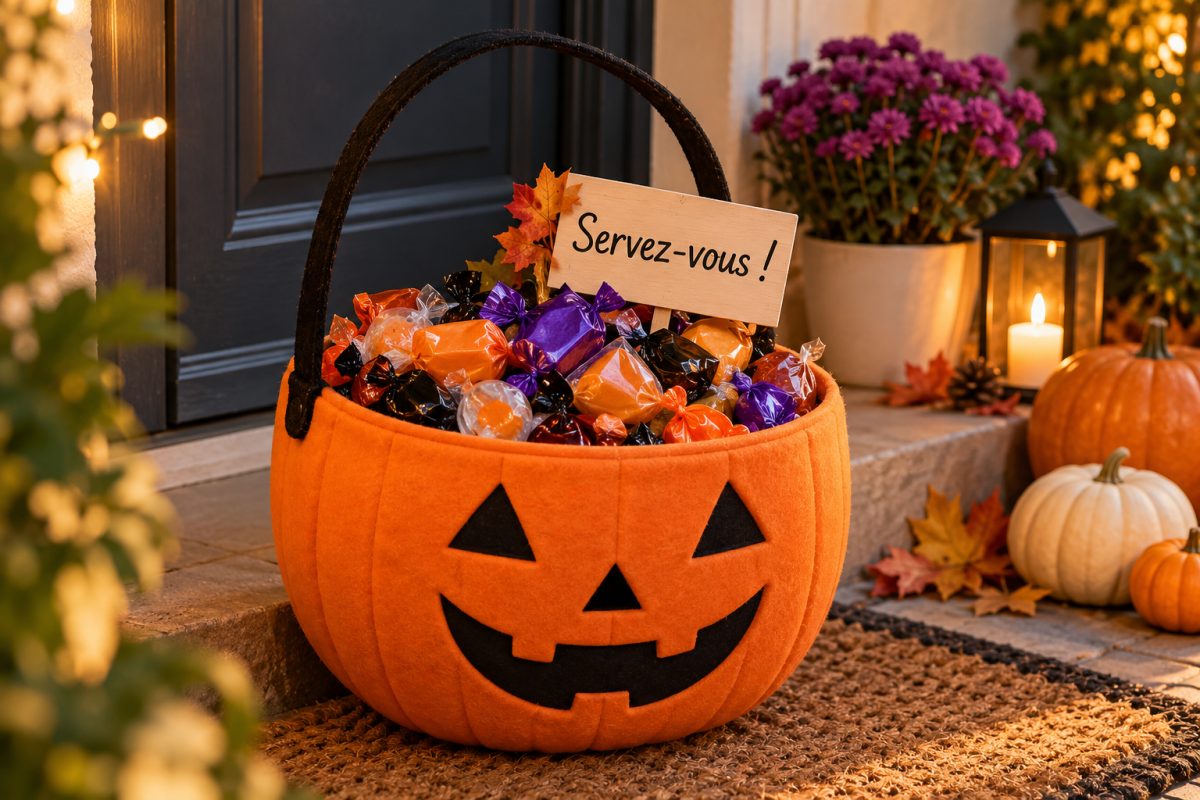 Le panier à bonbons devant la porte