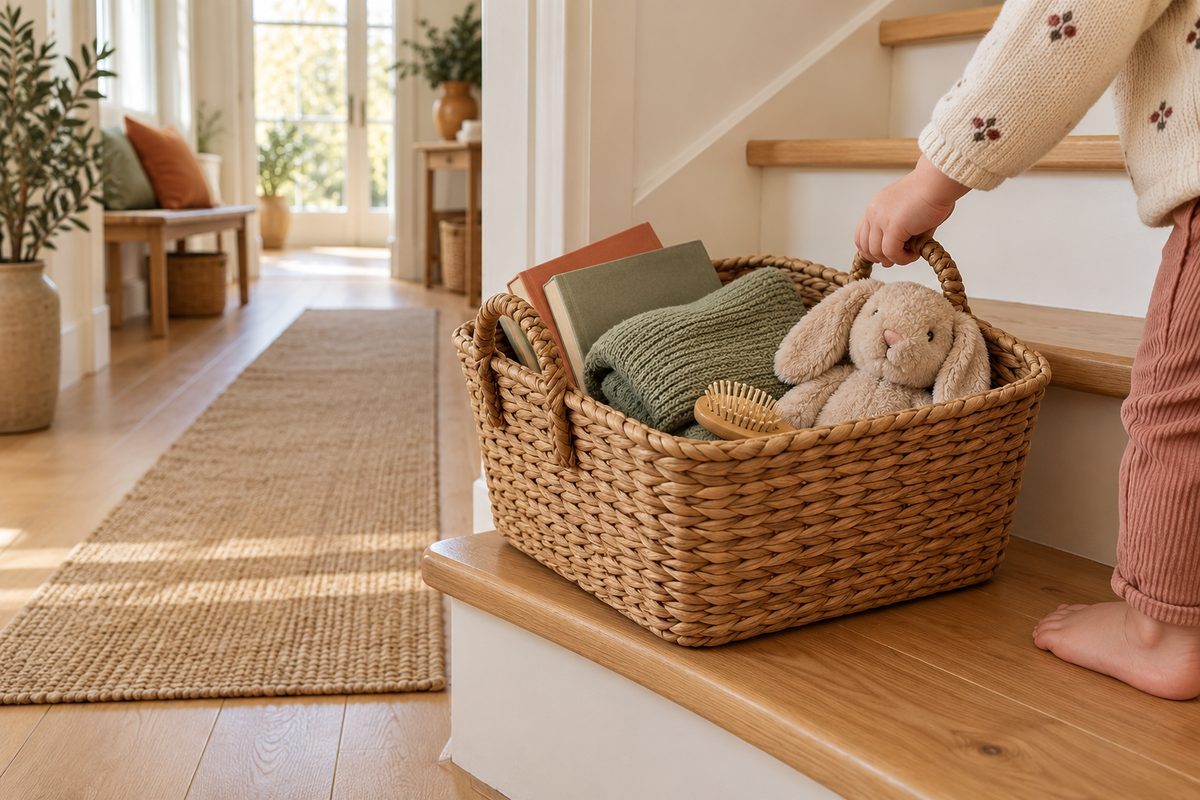 Panier à poignées rempli d'objets à remonter au pied de l'escalier