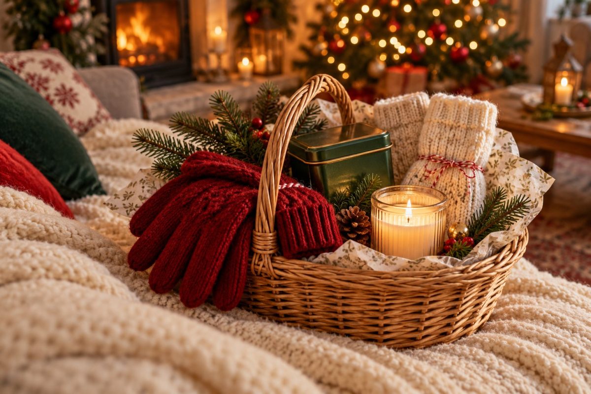 Panier cocooning d'hiver avec gants, chaussettes et thé