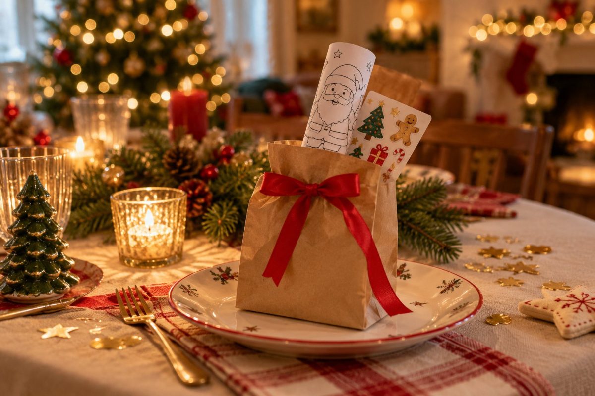 Petit sachet surprise posé sur l'assiette d'un enfant