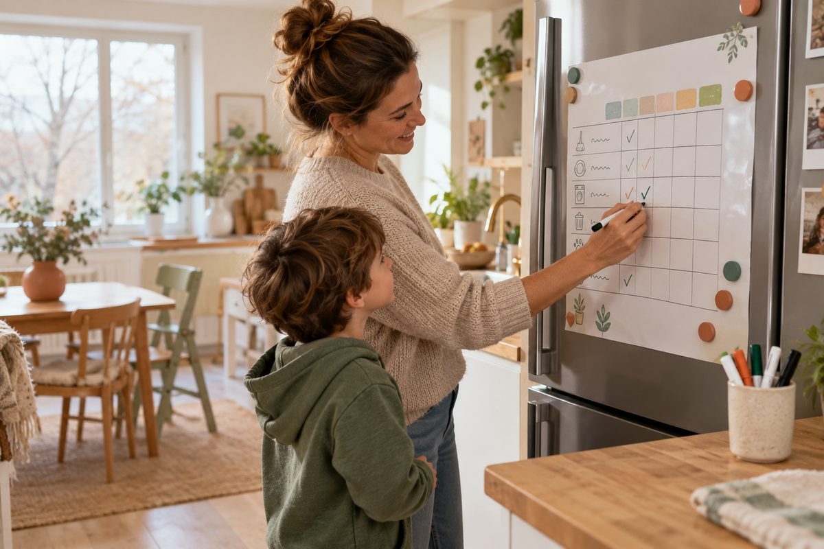 Planning de ménage hebdomadaire sur un tableau blanc magnétique
