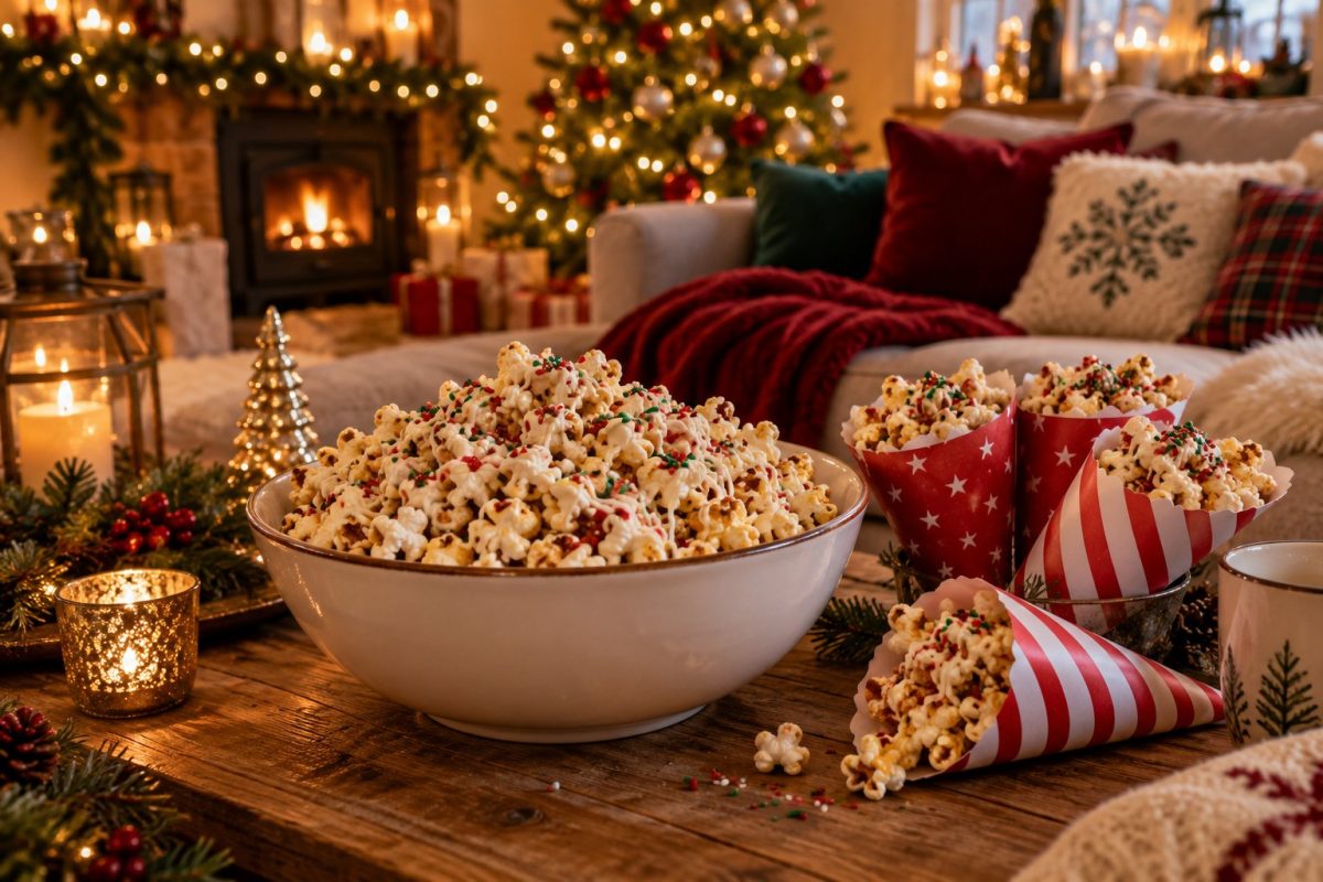 Pop-corn au chocolat blanc et vermicelles de Noël
