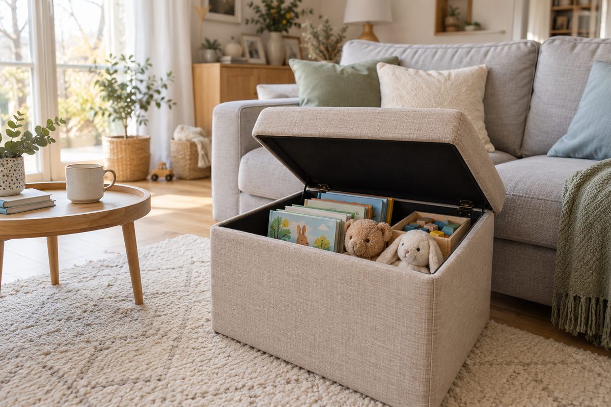 Pouf coffre ouvert rempli de jouets dans le salon