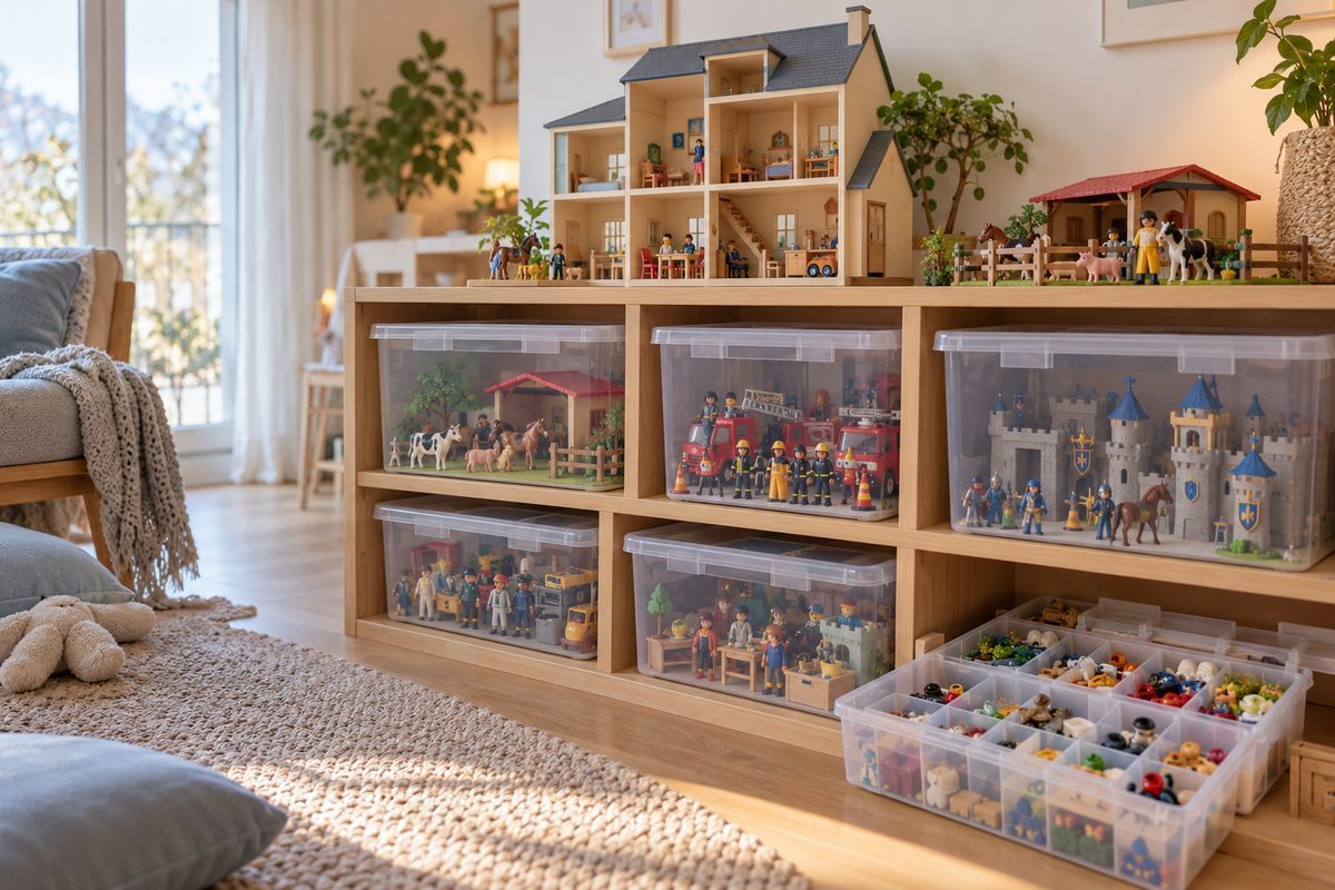 Boîtes de figurines rangées par univers sur une étagère basse