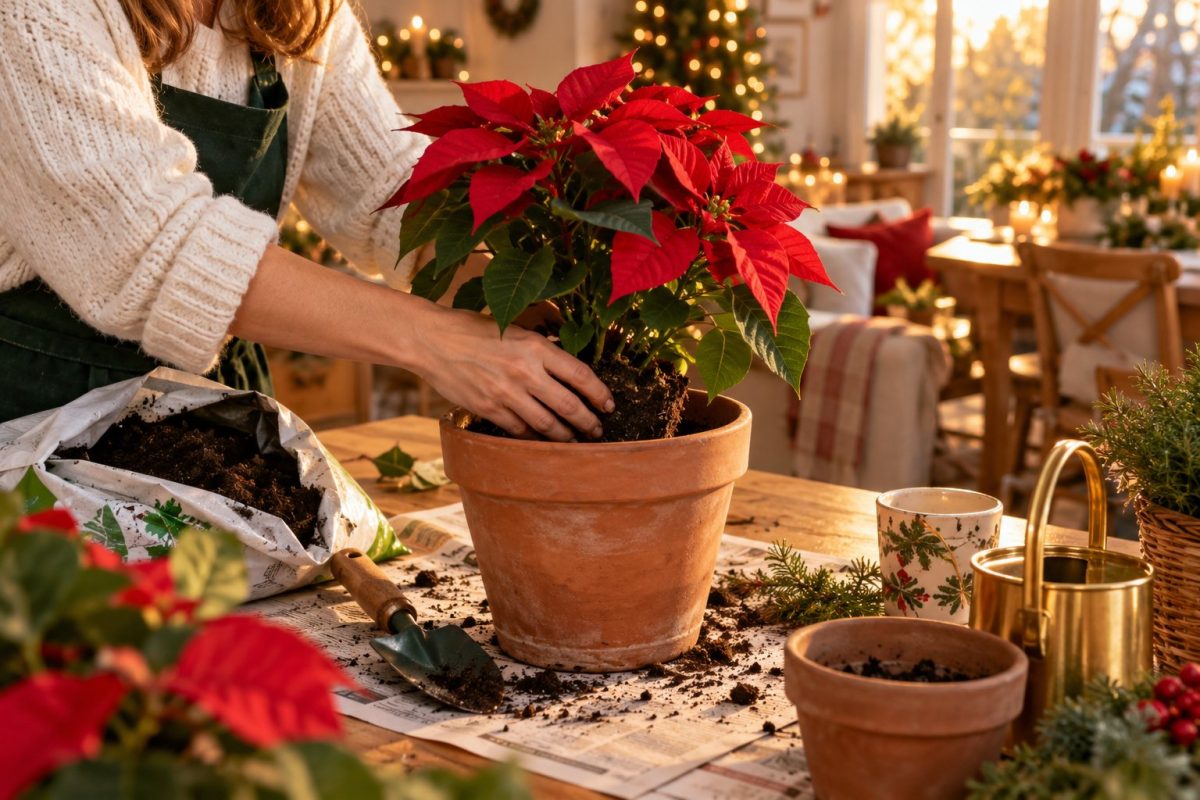 Mains qui rempotent un poinsettia taillé dans un pot plus grand