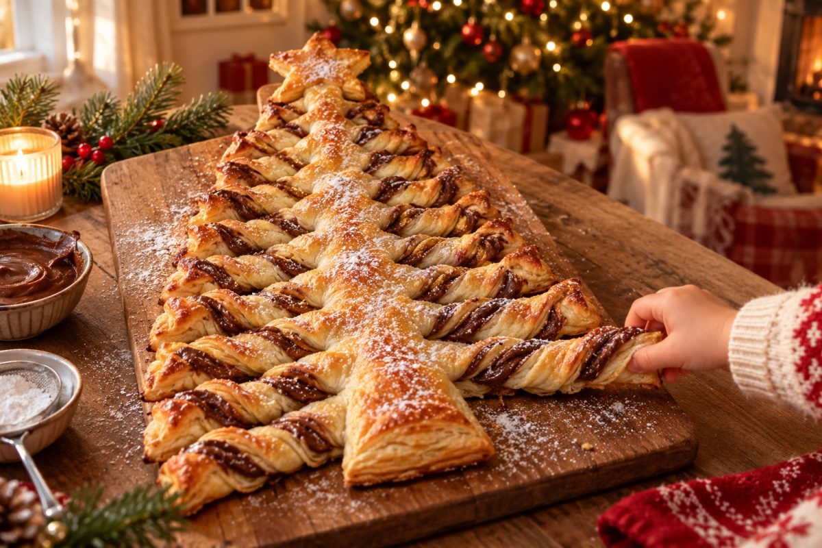 Sapin feuilleté à la pâte à tartiner saupoudré de sucre glace