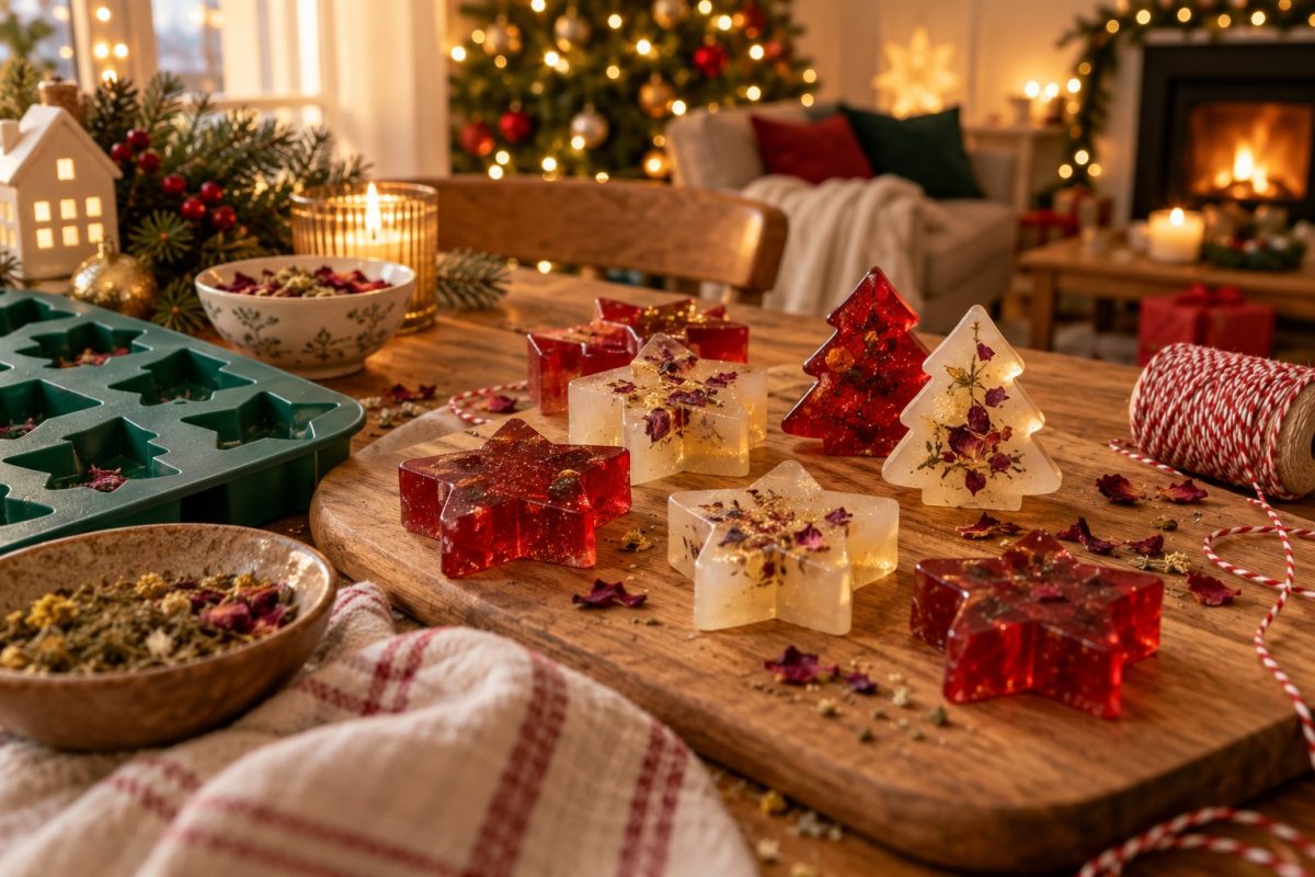 Savons faits maison en forme d'étoile et de sapin