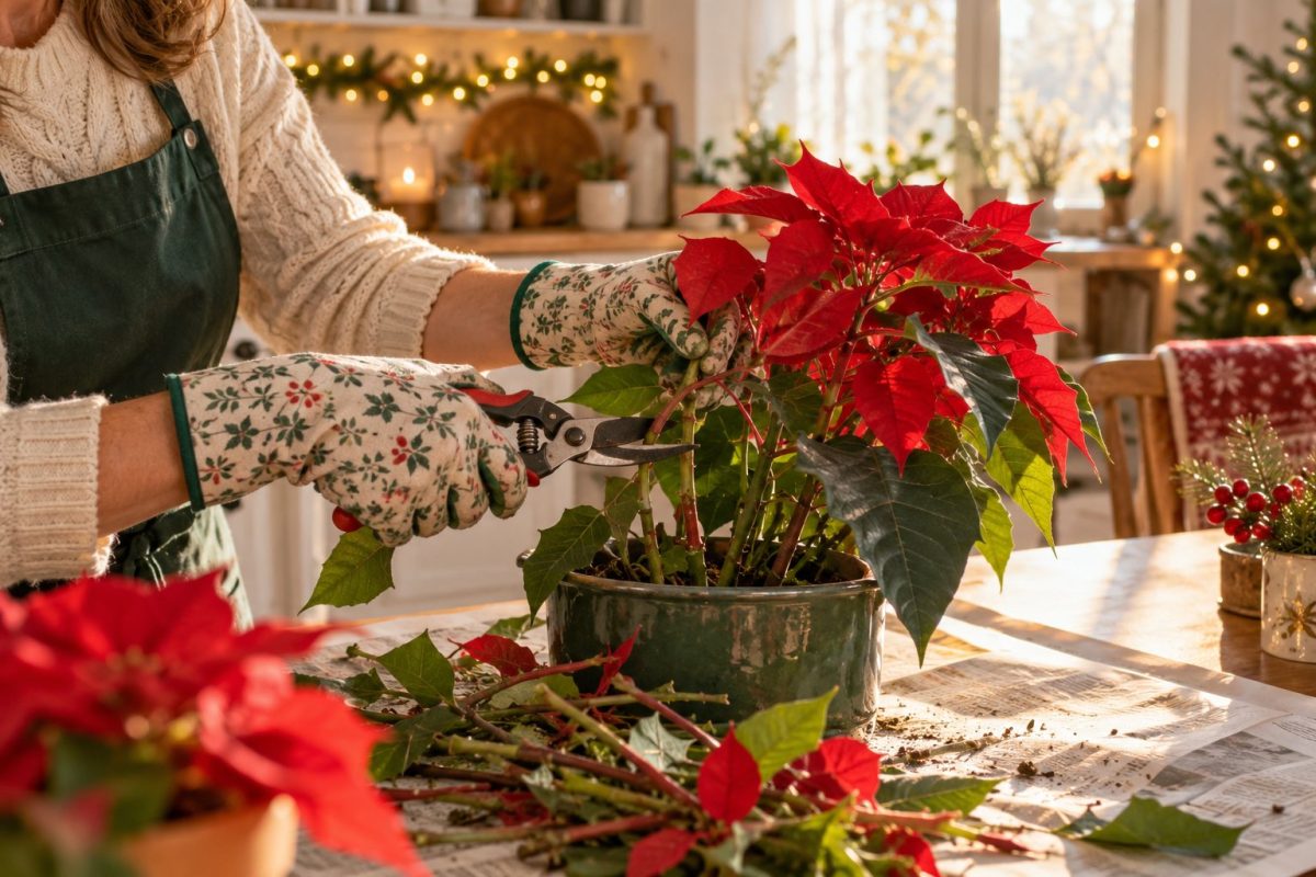 Mains gantées qui taillent les tiges d'un poinsettia avec un sécateur