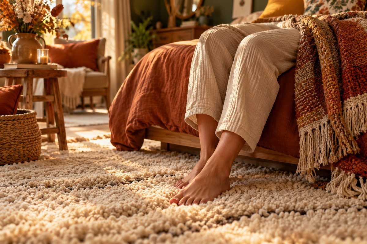 Le tapis moelleux au pied du lit