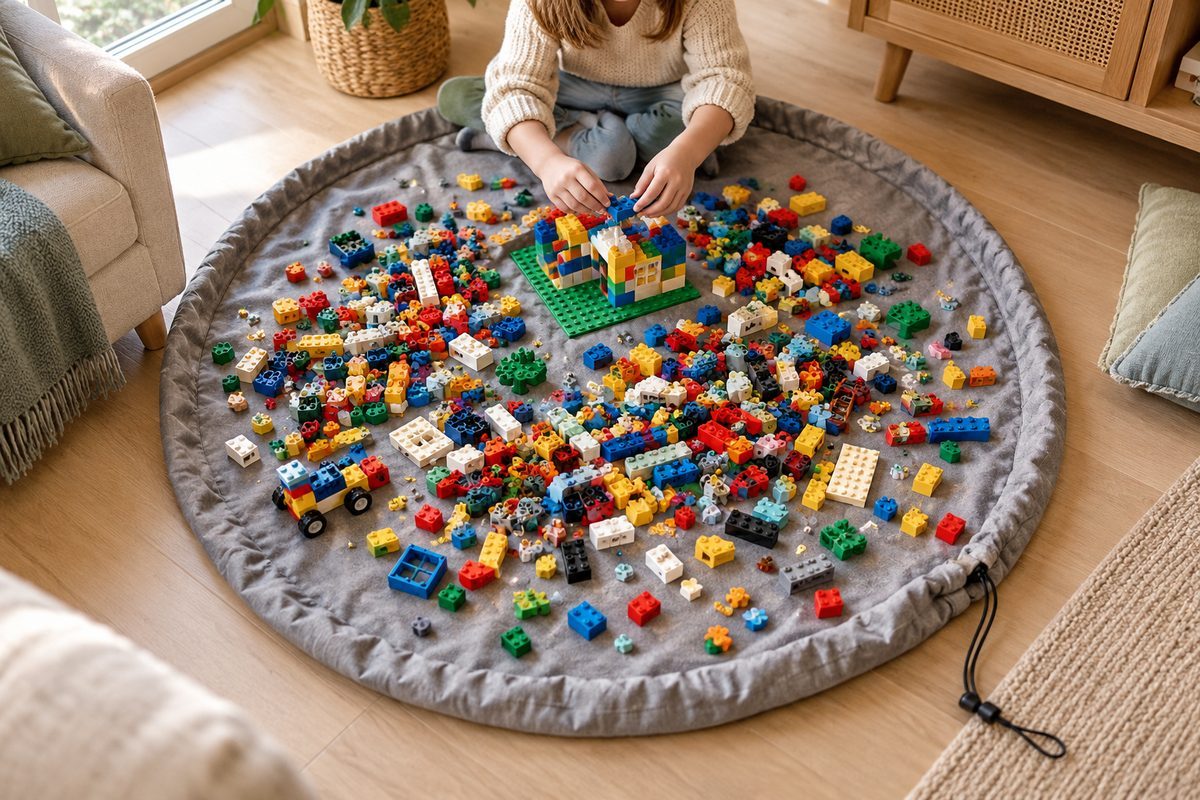 Tapis sac de rangement couvert de briques de construction