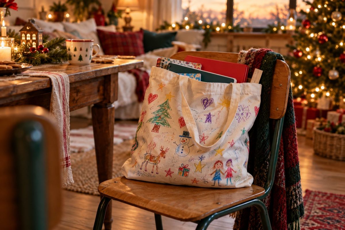 Sac en toile décoré par toute une classe pour la maîtresse