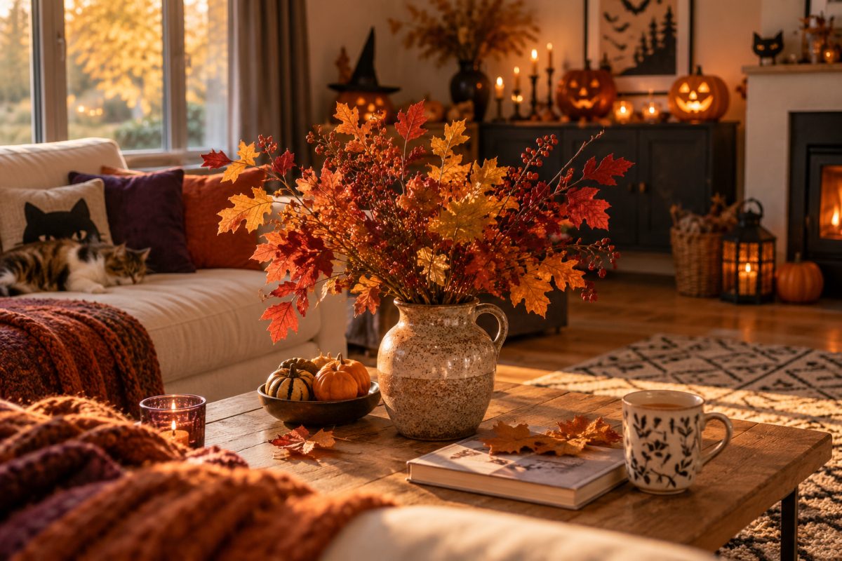 Le vase de branches et de feuilles