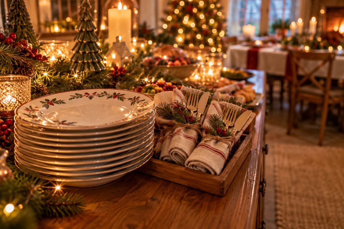 Les assiettes et couverts en bout de table
