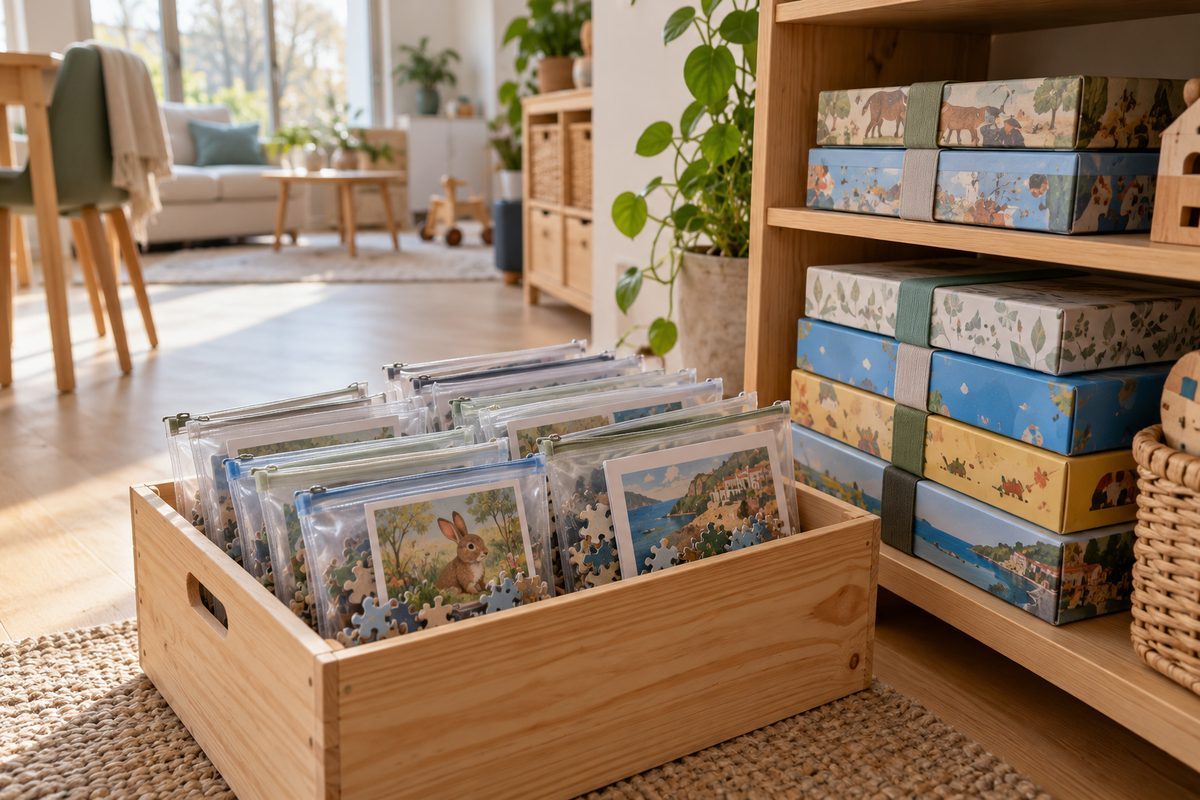 Puzzles rangés en pochettes zippées et jeux de société à plat