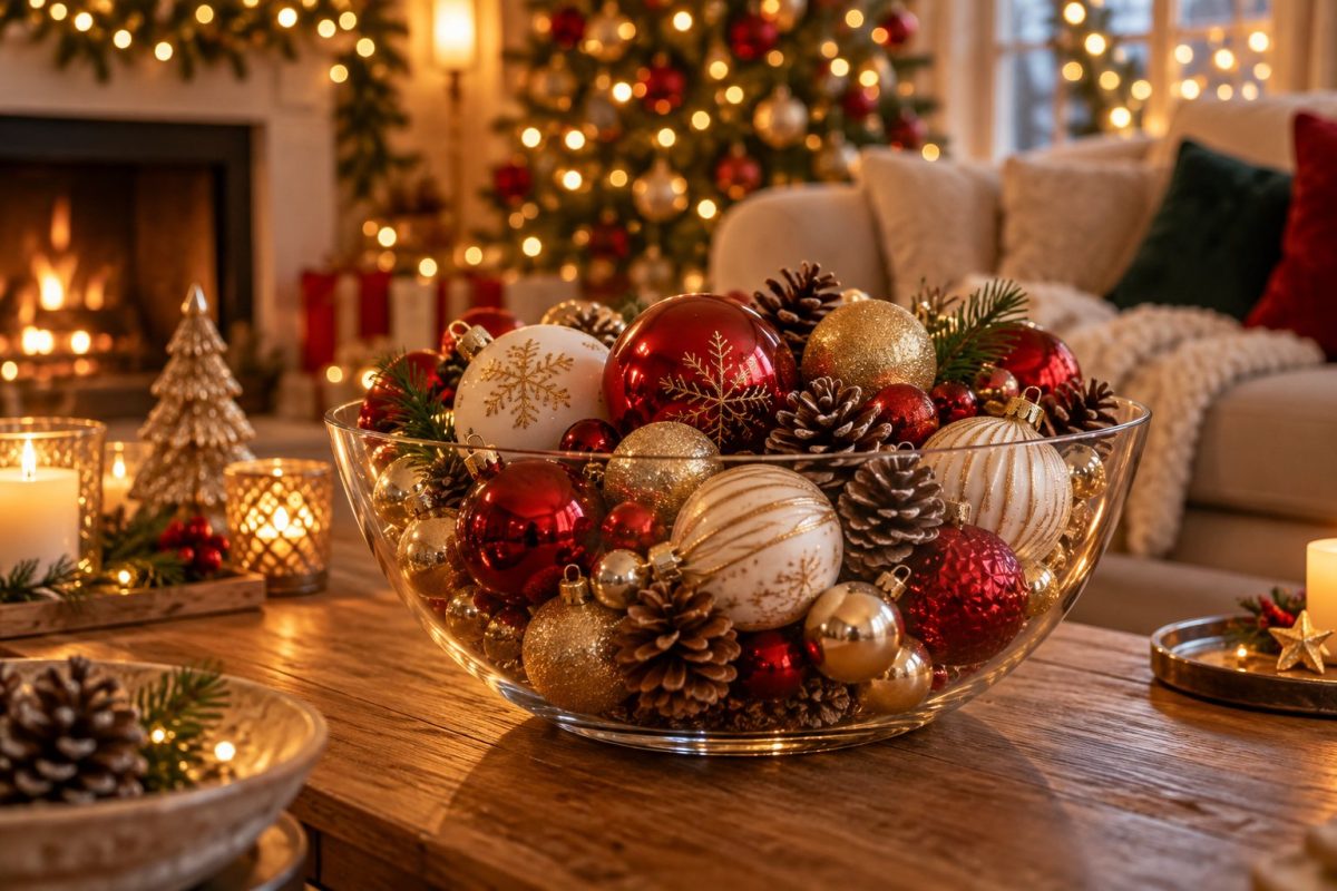 Les boules de Noël dans un saladier
