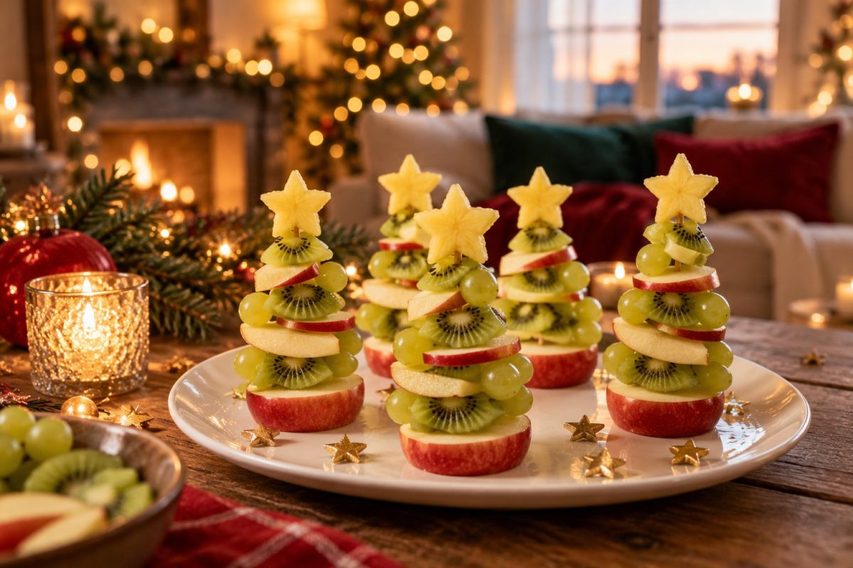 Brochettes de fruits en forme de sapin de Noël