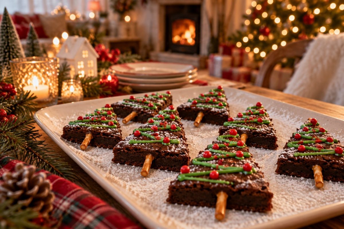 Brownies découpés en sapins avec glaçage vert