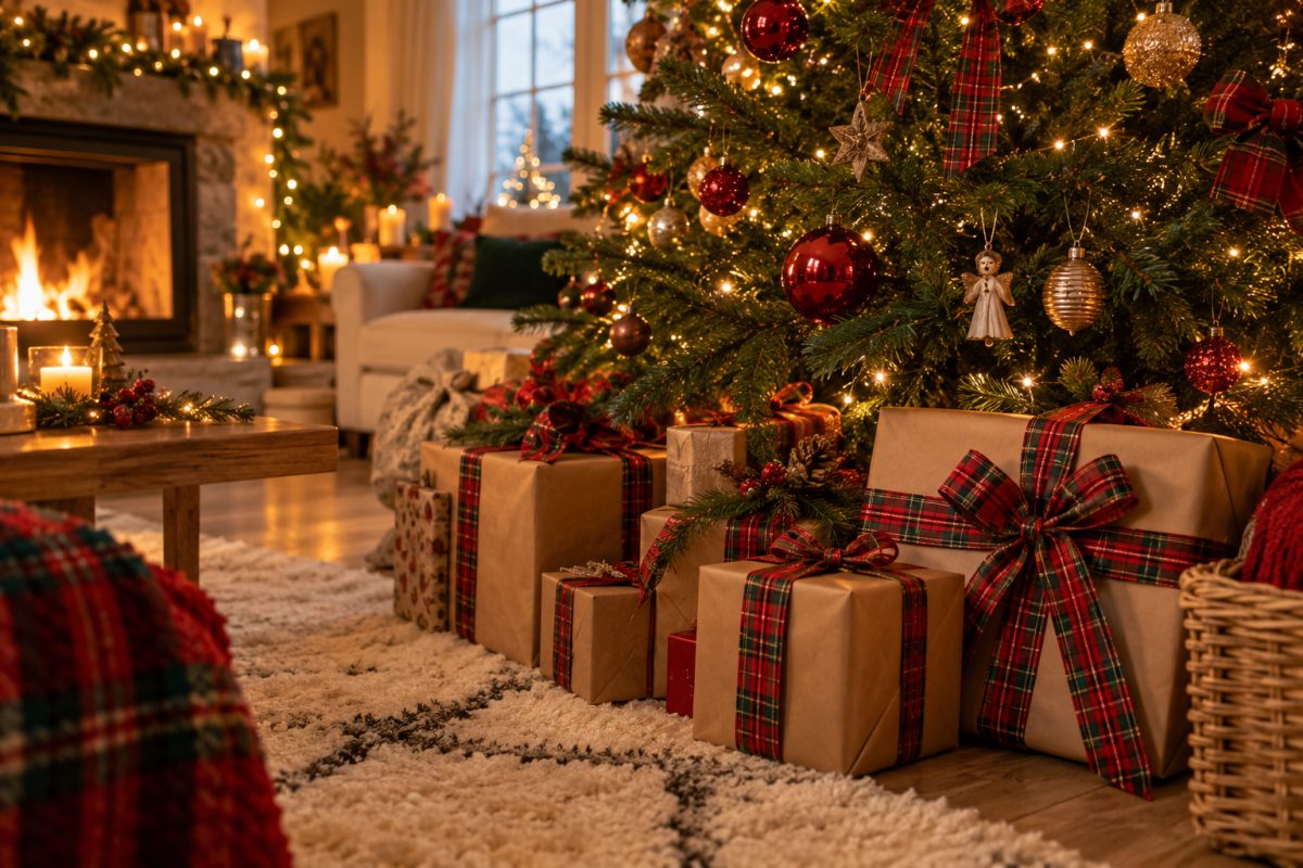 Les cadeaux emballés de ruban tartan