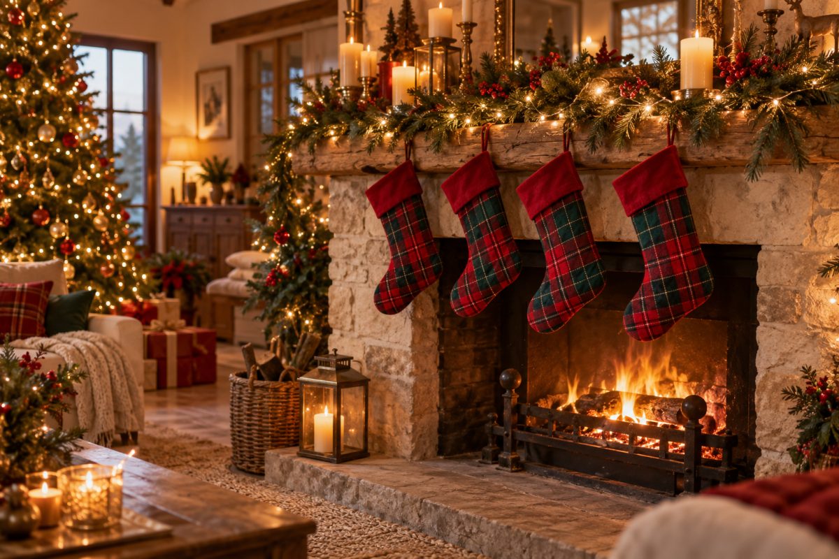 Les chaussettes en tartan sur la cheminée