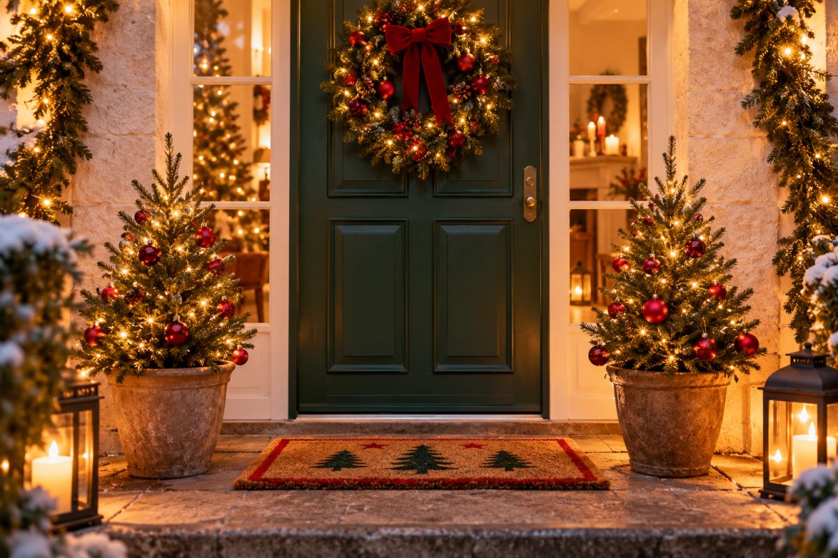 Les deux sapins en pot devant la porte