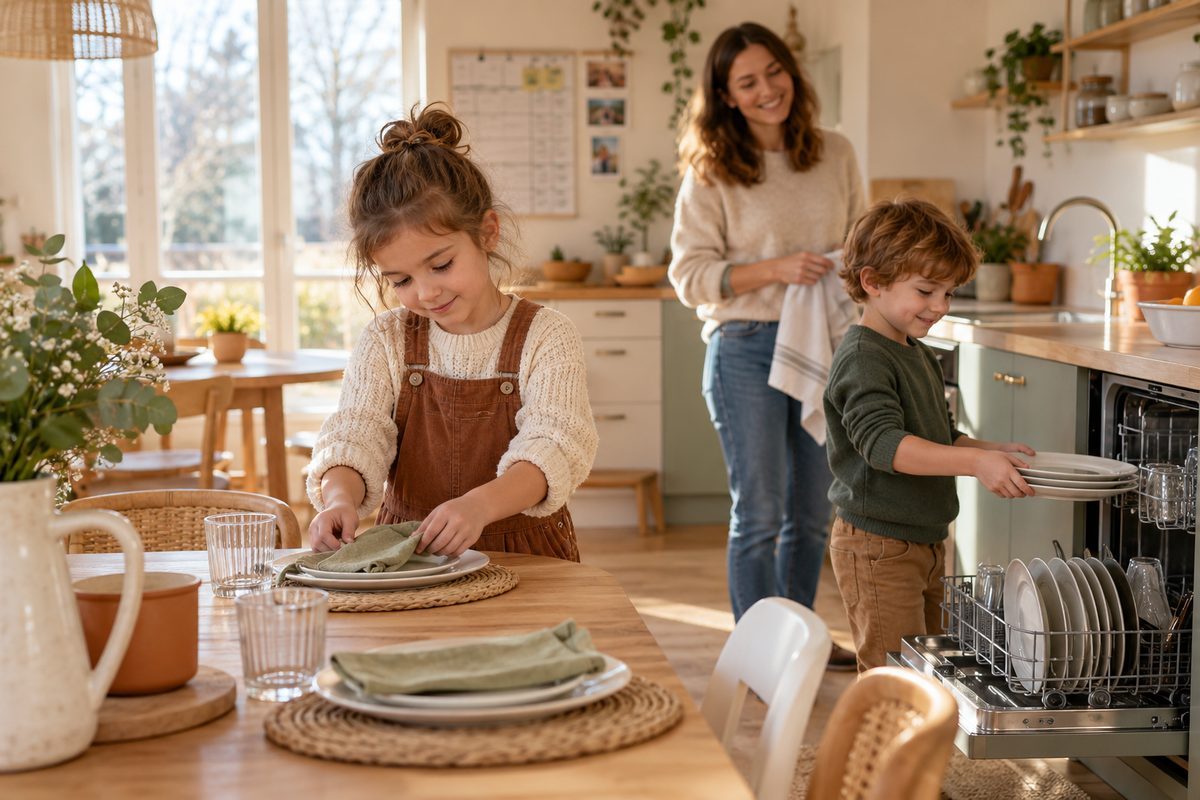 Enfants qui mettent le couvert et vident le lave-vaisselle