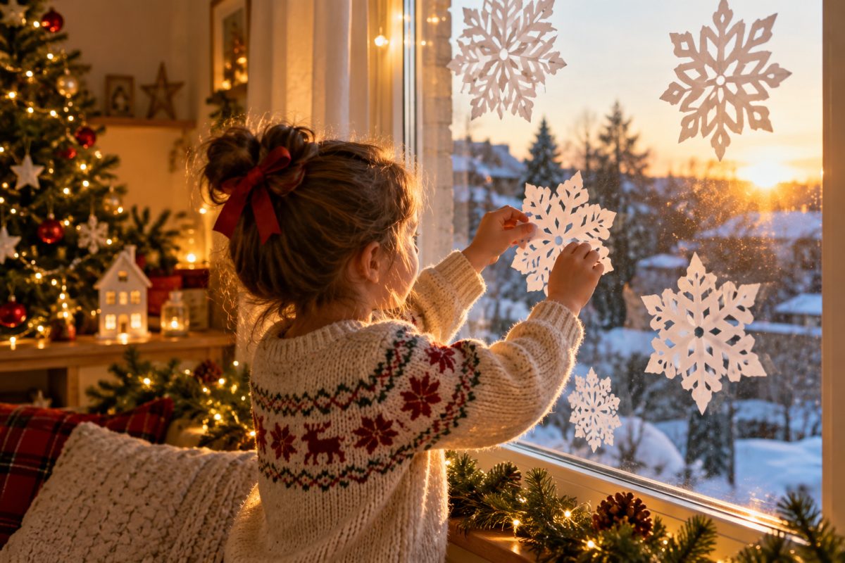Les flocons en papier sur les vitres