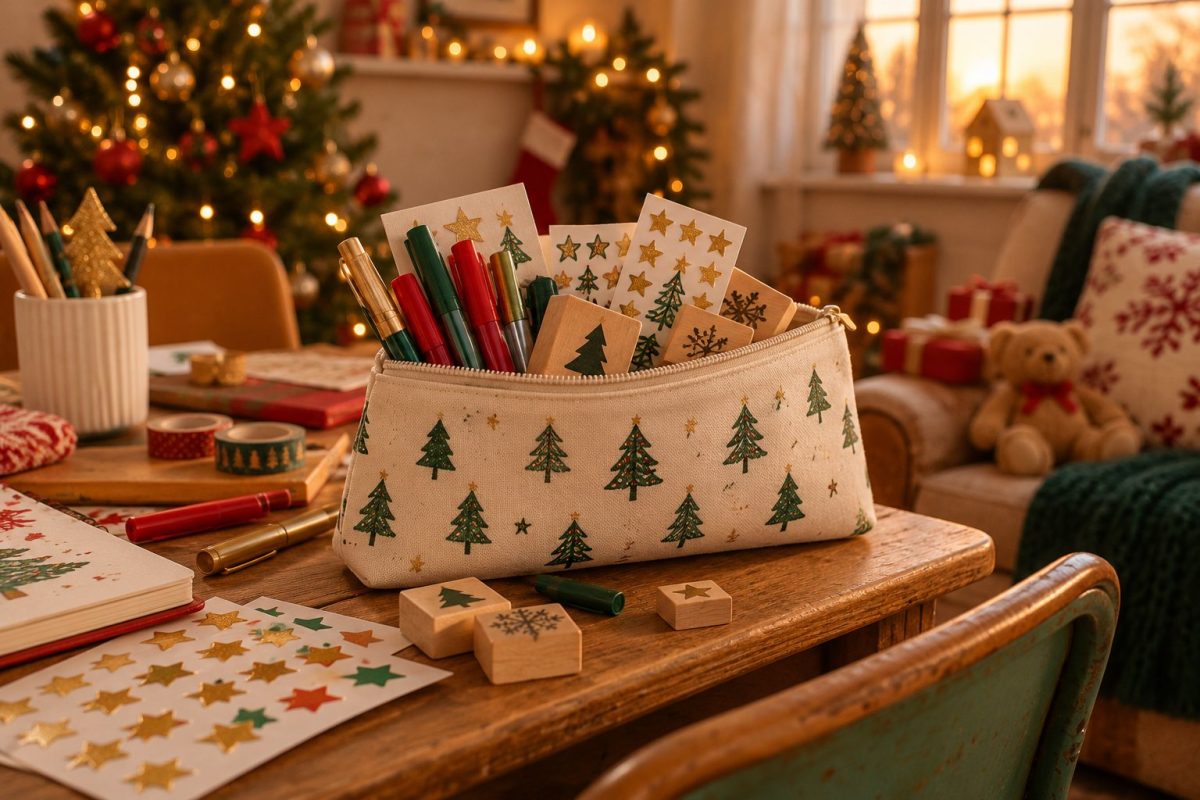 Trousse décorée remplie de feutres et de tampons pour la maîtresse