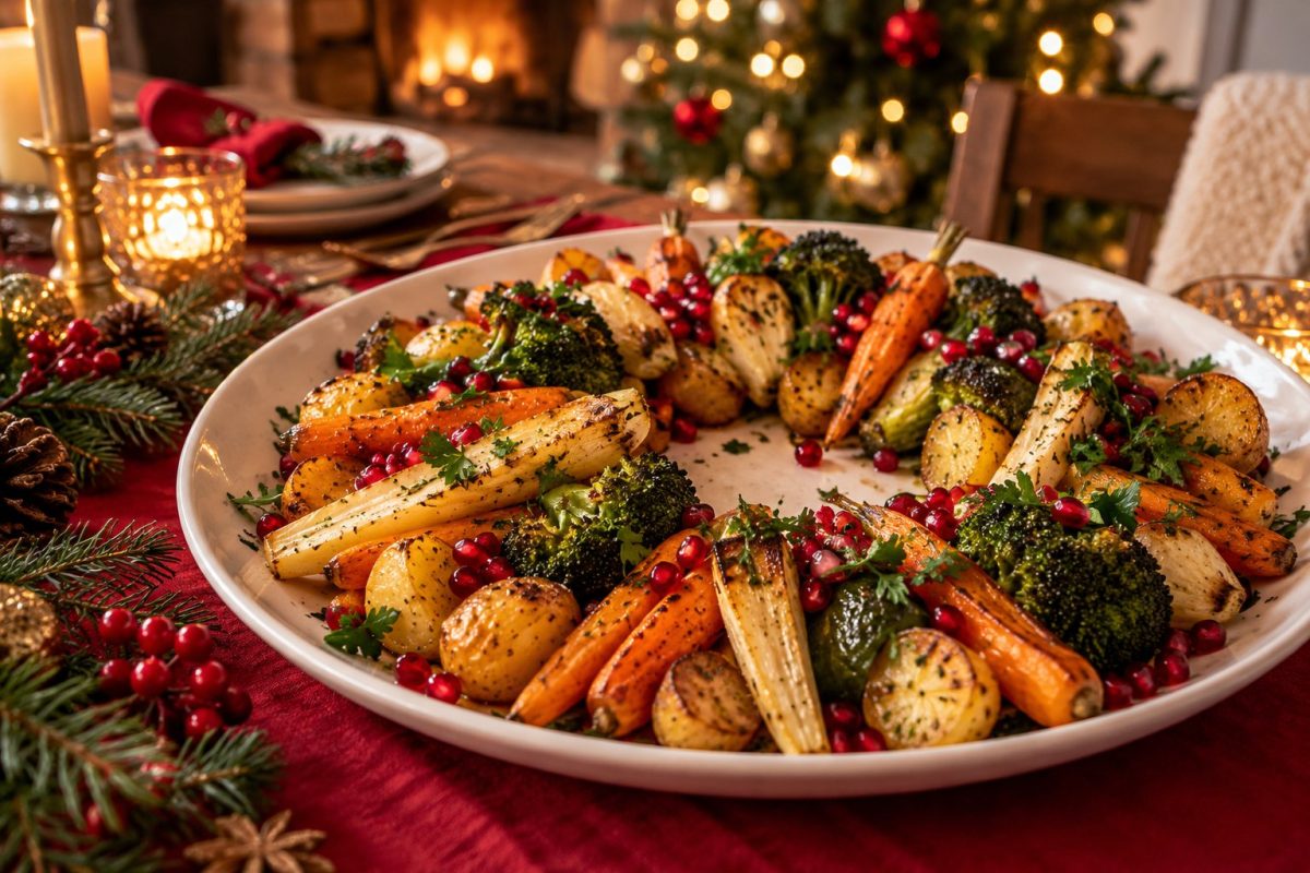 Légumes rôtis disposés en couronne de Noël