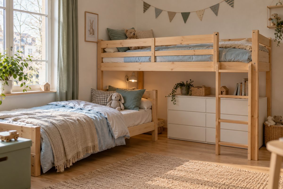 Lits en L dans un angle de chambre d'enfants avec commode basse sous le lit du haut