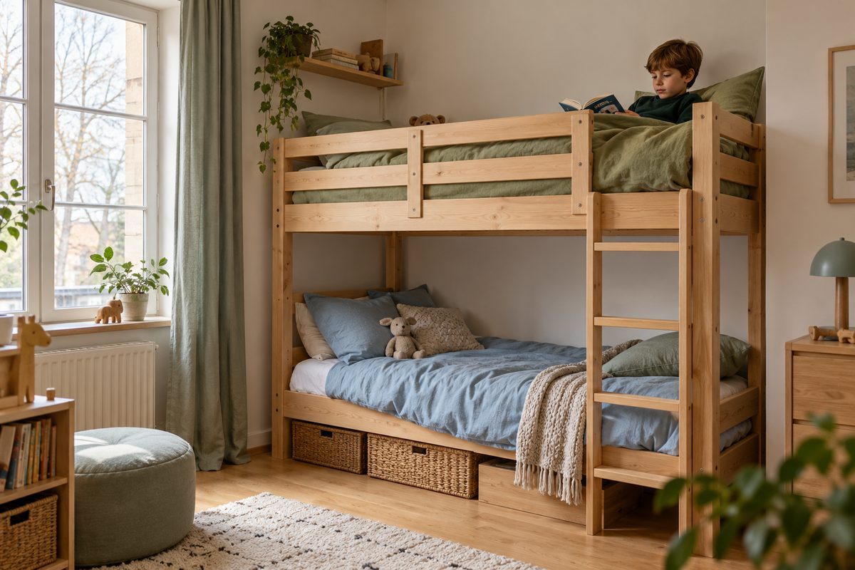 Lits superposés en bois clair avec barrière tout autour dans une chambre pour deux enfants