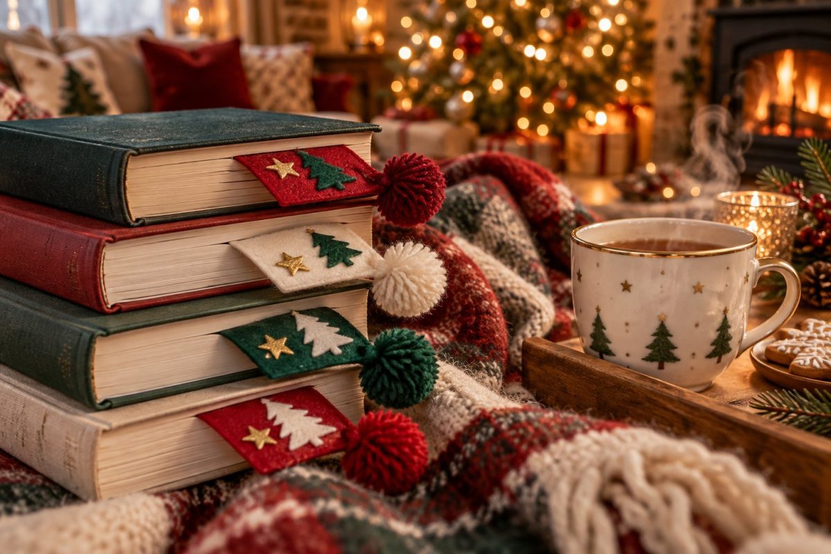 Marque-pages de Noël en feutrine avec pompons en laine