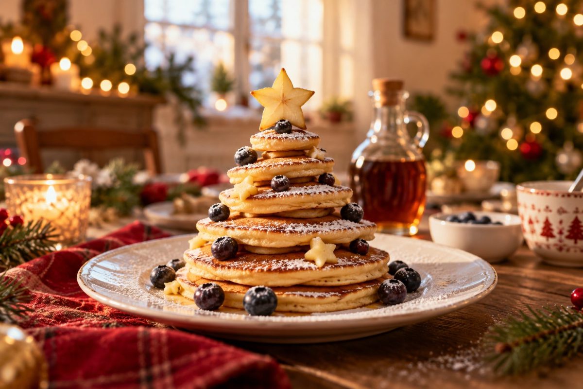 Mini pancakes empilés en forme de sapin de Noël