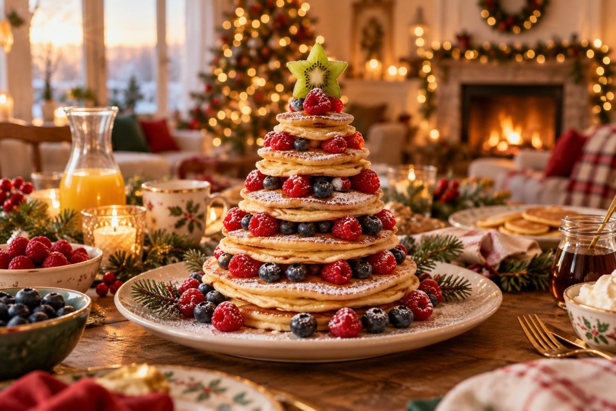 Pancakes empilés en forme de sapin pour le brunch de Noël
