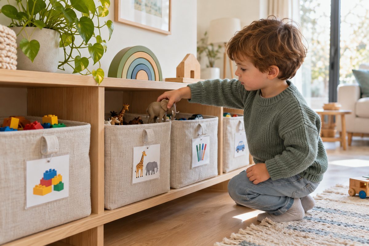 Paniers en tissu avec étiquettes en images pour ranger les jouets