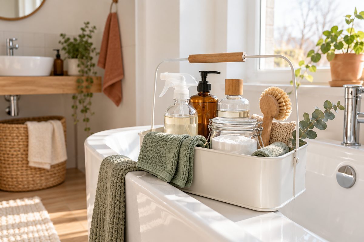 Panier de ménage à poignée avec produits et chiffons