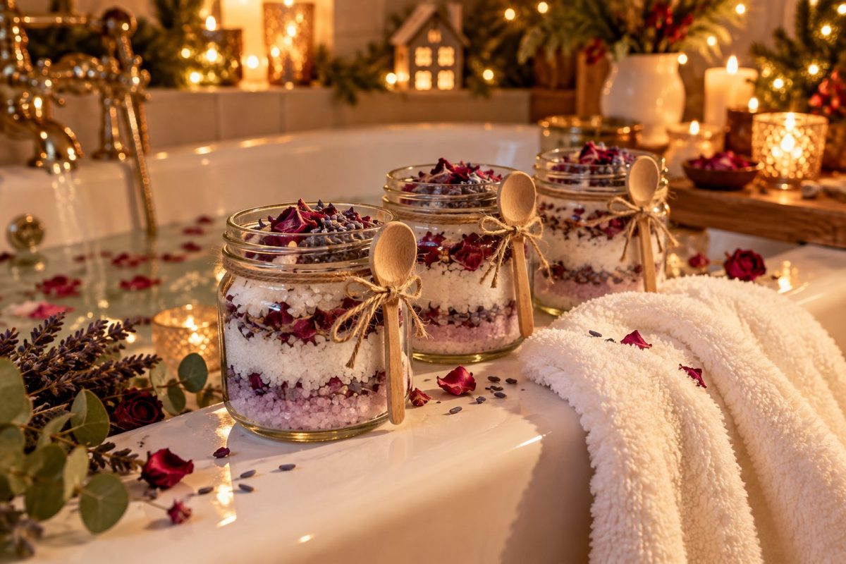 Sels de bain faits maison aux fleurs séchées dans un bocal