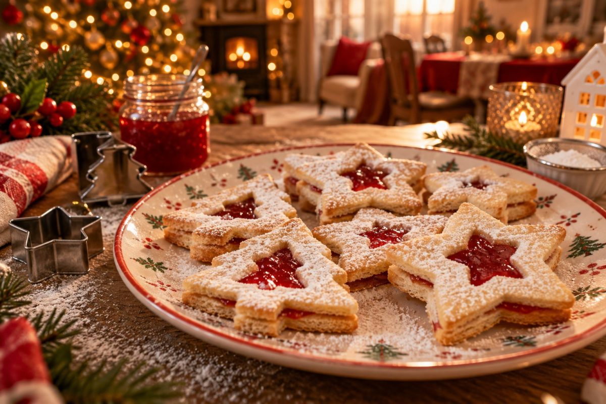 Tartines de pain de mie en forme d'étoiles et de sapins à la confiture