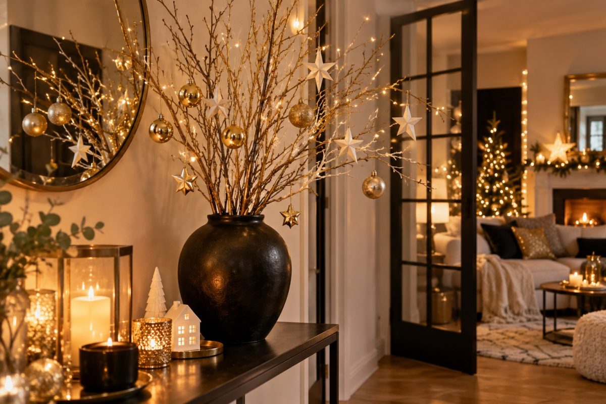 Les vases dorés et branches pailletées