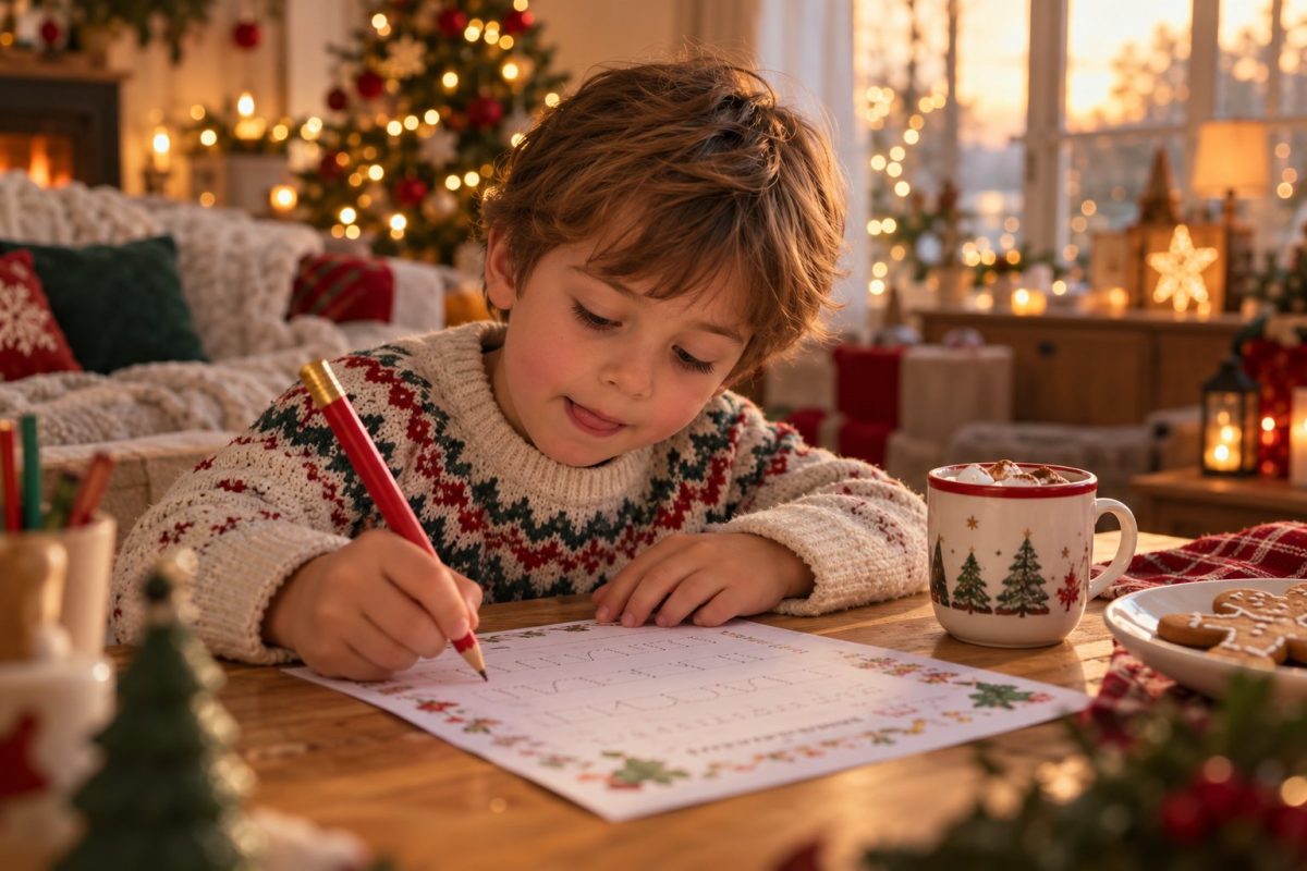 Enfant qui écrit sa lettre au Père Noël à la table de la cuisine