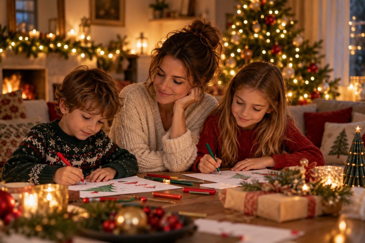 Famille qui prépare la liste de Noël autour de la table du salon