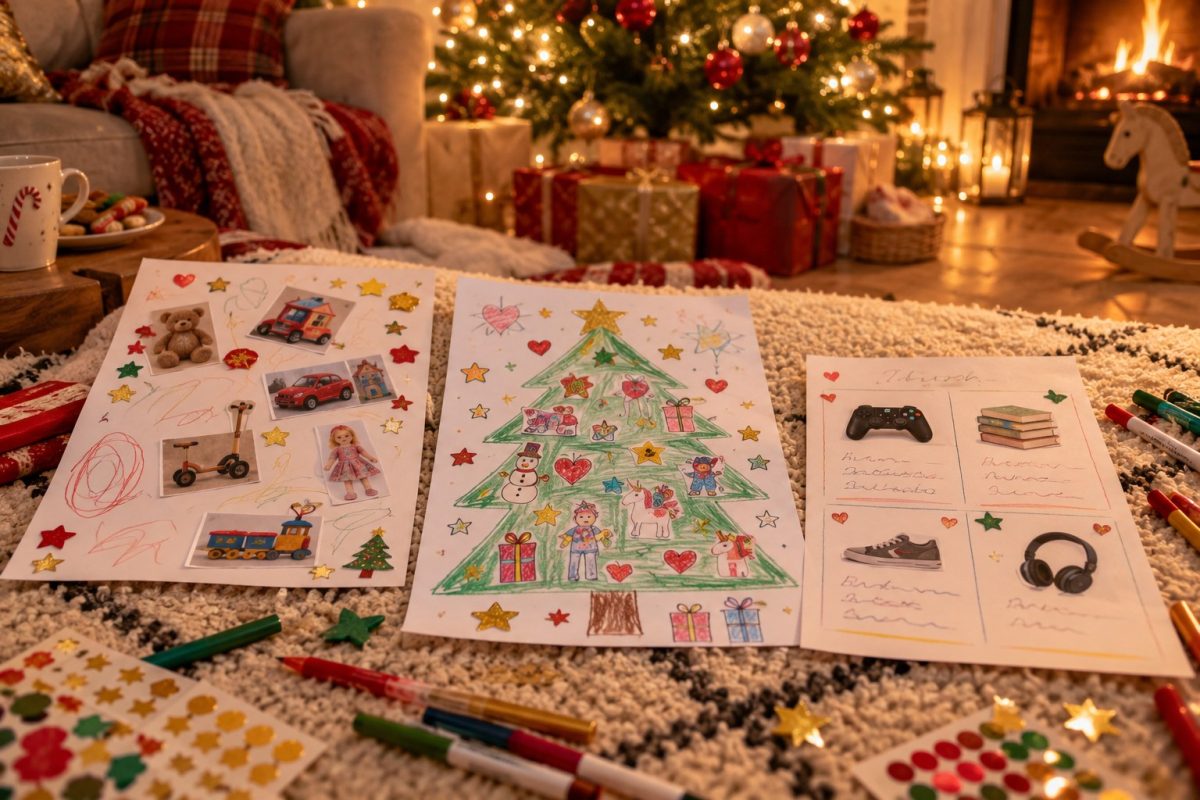 Listes de Noël d'enfants de différents âges posées côte à côte
