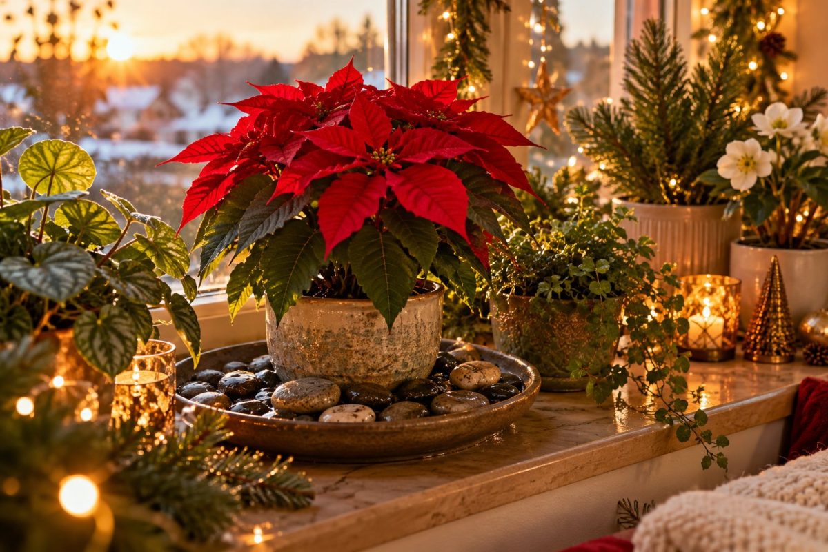 Pot de poinsettia posé sur une soucoupe de galets humides