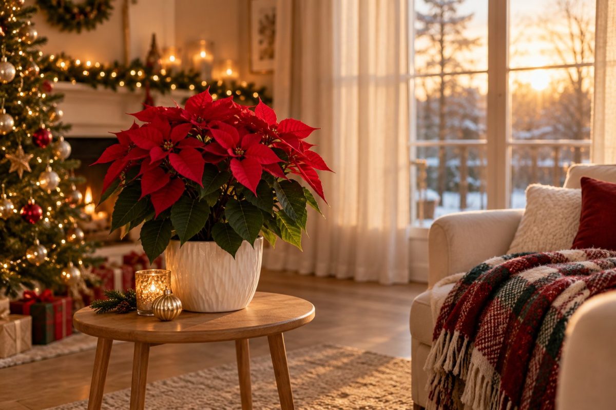 Poinsettia posé sur une petite table près d'une fenêtre lumineuse