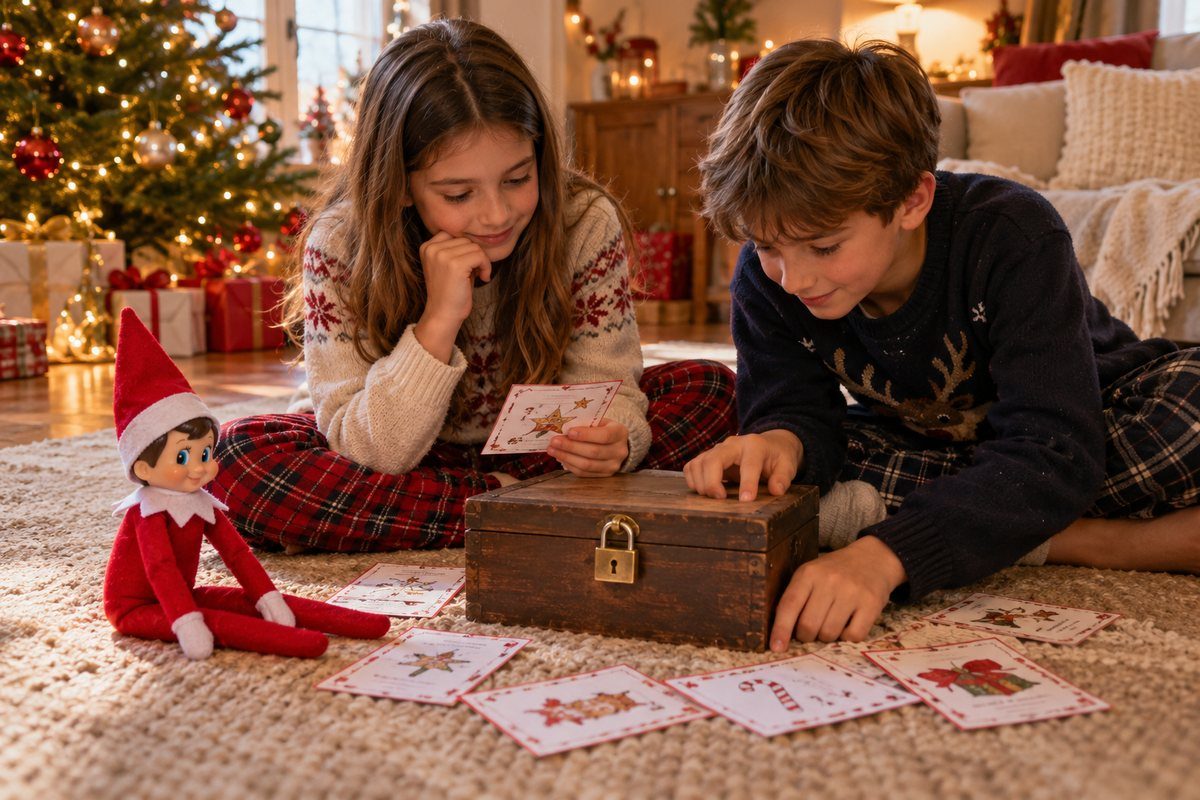 Grands enfants et lutin farceur en décembre
