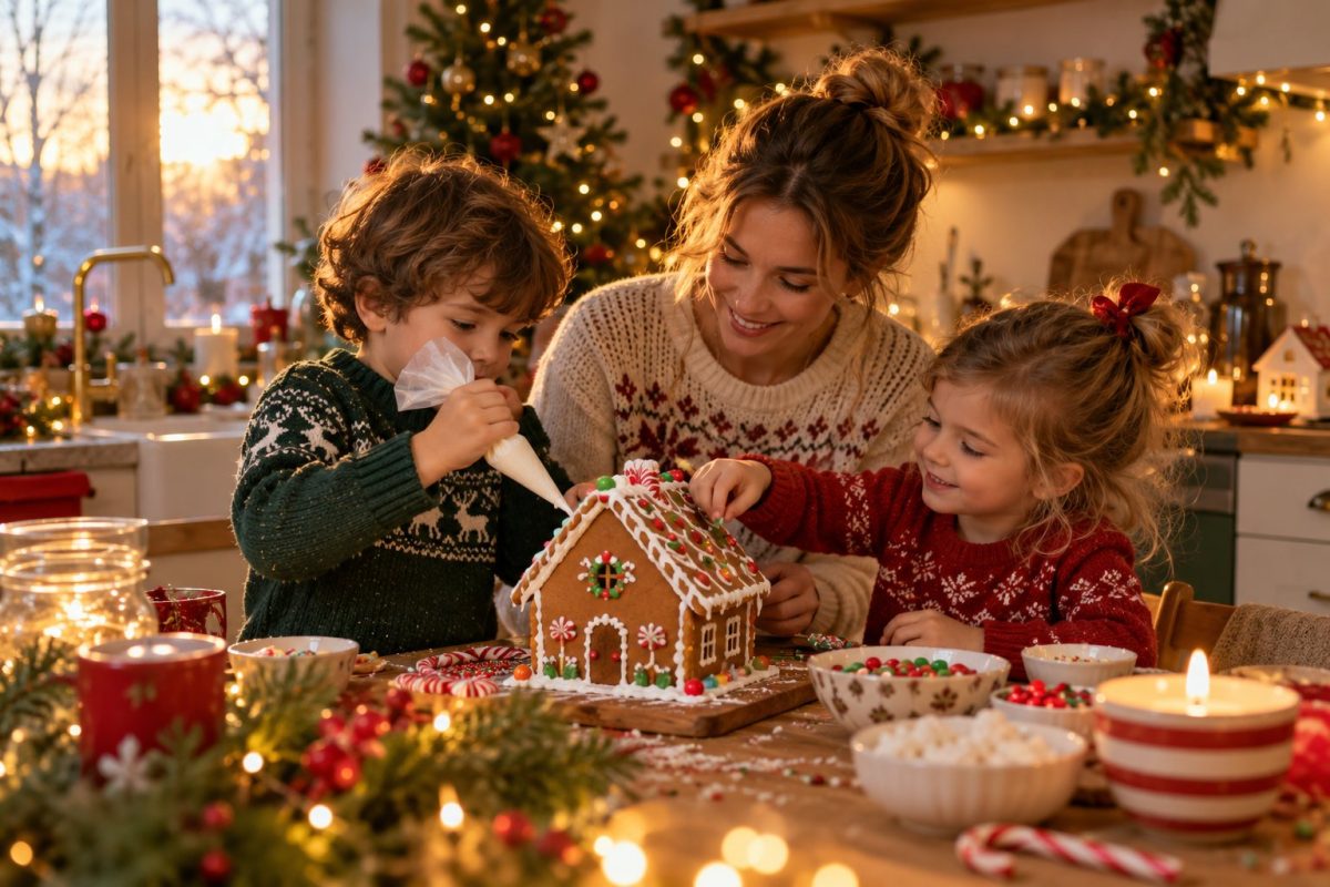 Enfants qui décorent une maison en pain d'épices