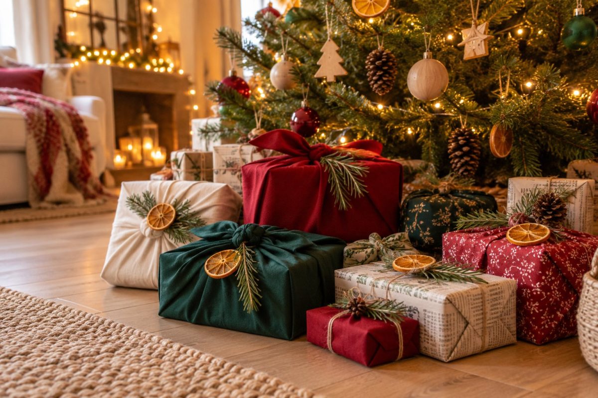 Cadeaux emballés dans du tissu au pied d'un sapin naturel