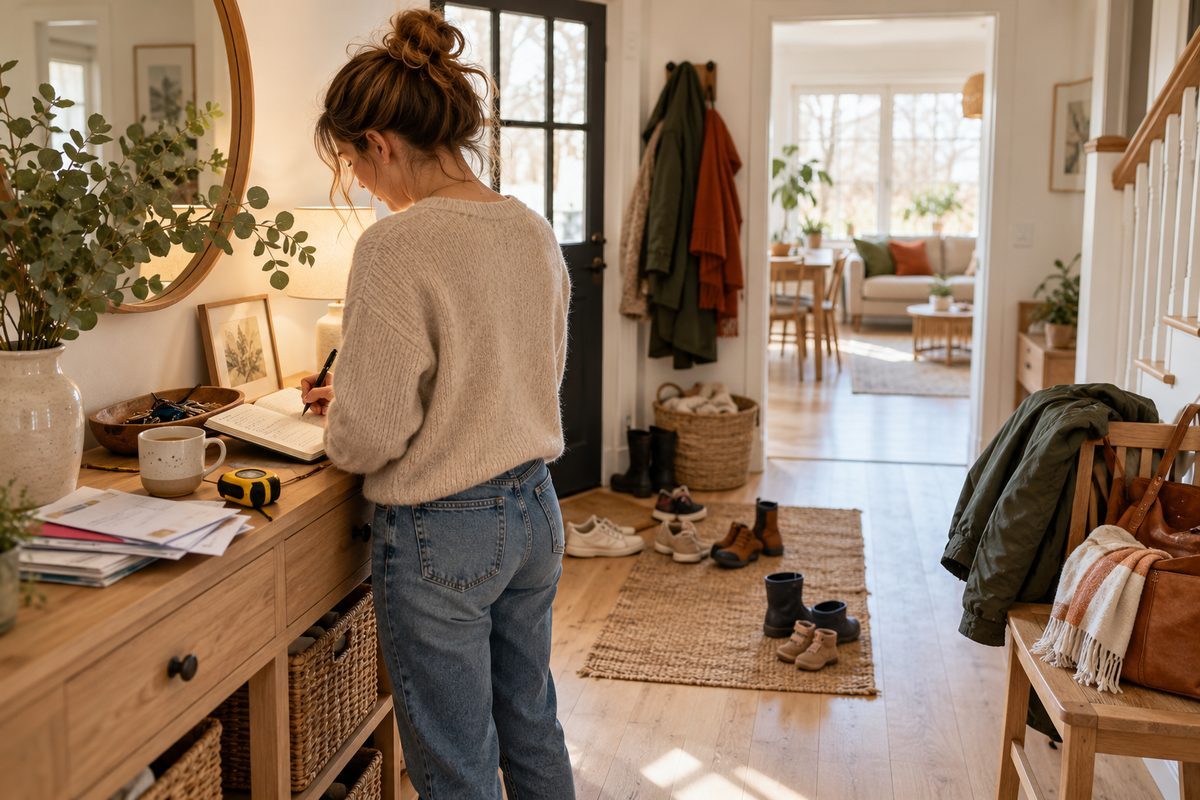Maman qui note les pièces à organiser dans un carnet devant une entrée en désordre